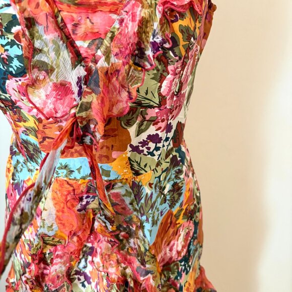 SUNDANCE Havana 100% Silk Floral Ruffled Dress V Neck Sleeveless Size 4 - Picture 14 of 16
